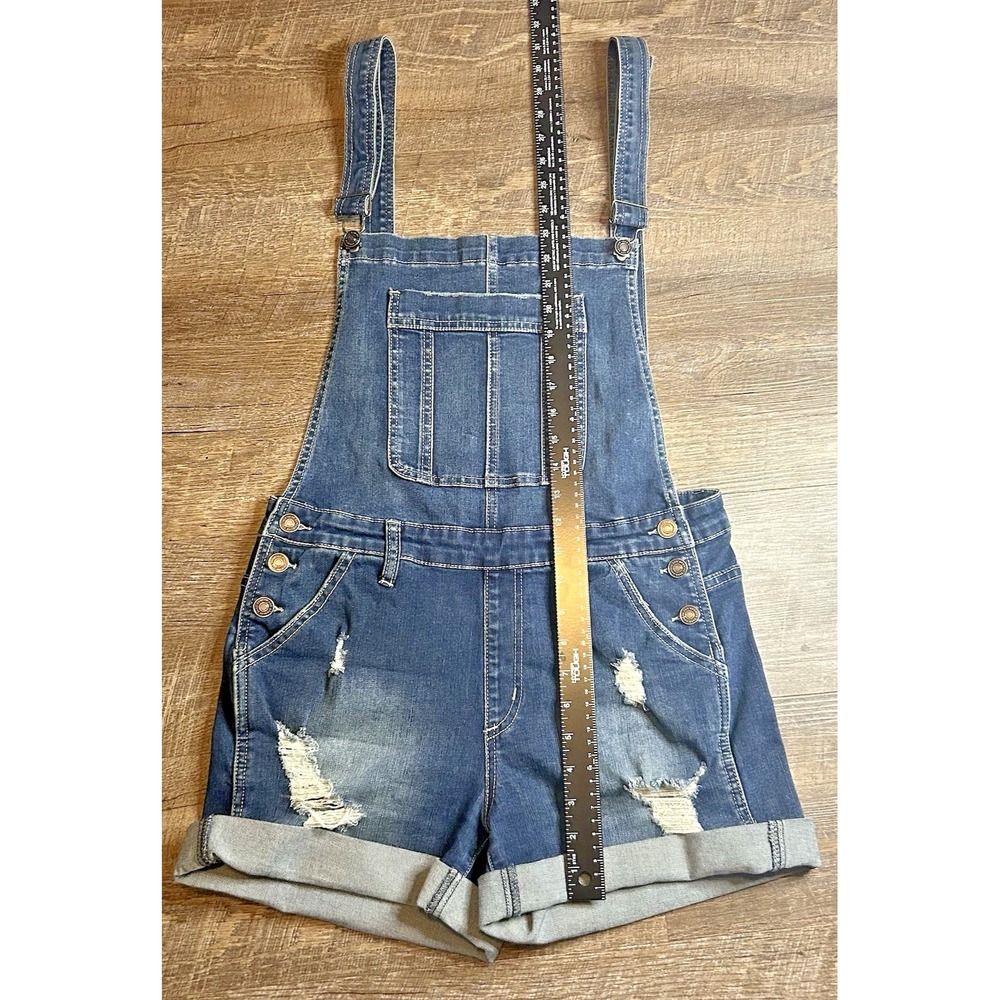 KanCan Women's Sz M Blue Denim Distressed Overall Shorts Romper Stretch Pockets - Picture 3 of 14